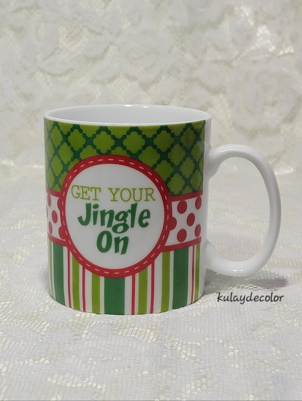Clay Art Christmas Mug “Get Your Jingle On” Red Polka Dot Candy Cane Ceramic Cup